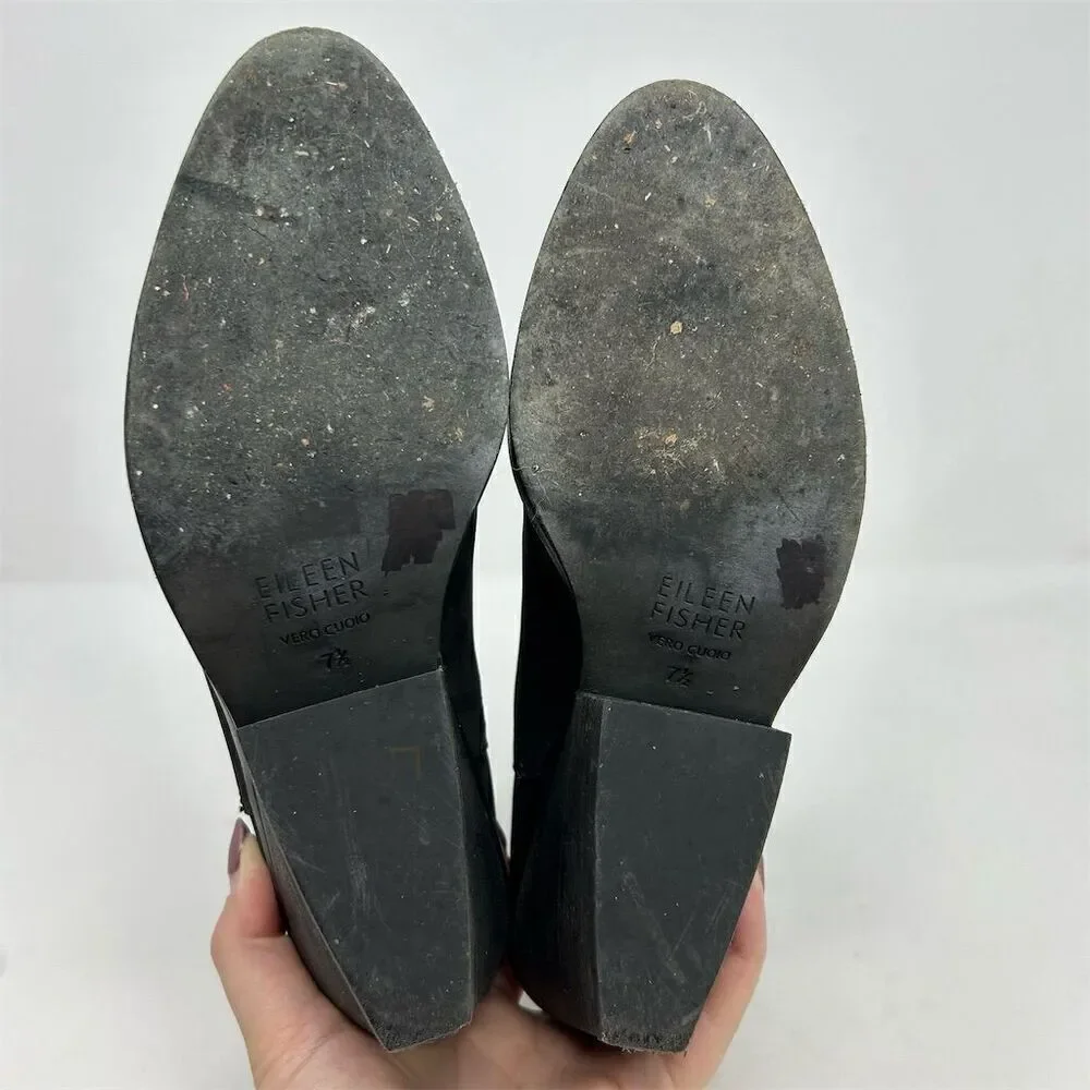 Eileen Fisher Black Leather Ankle Booties Size 7.5 Casual Back Zip Closure